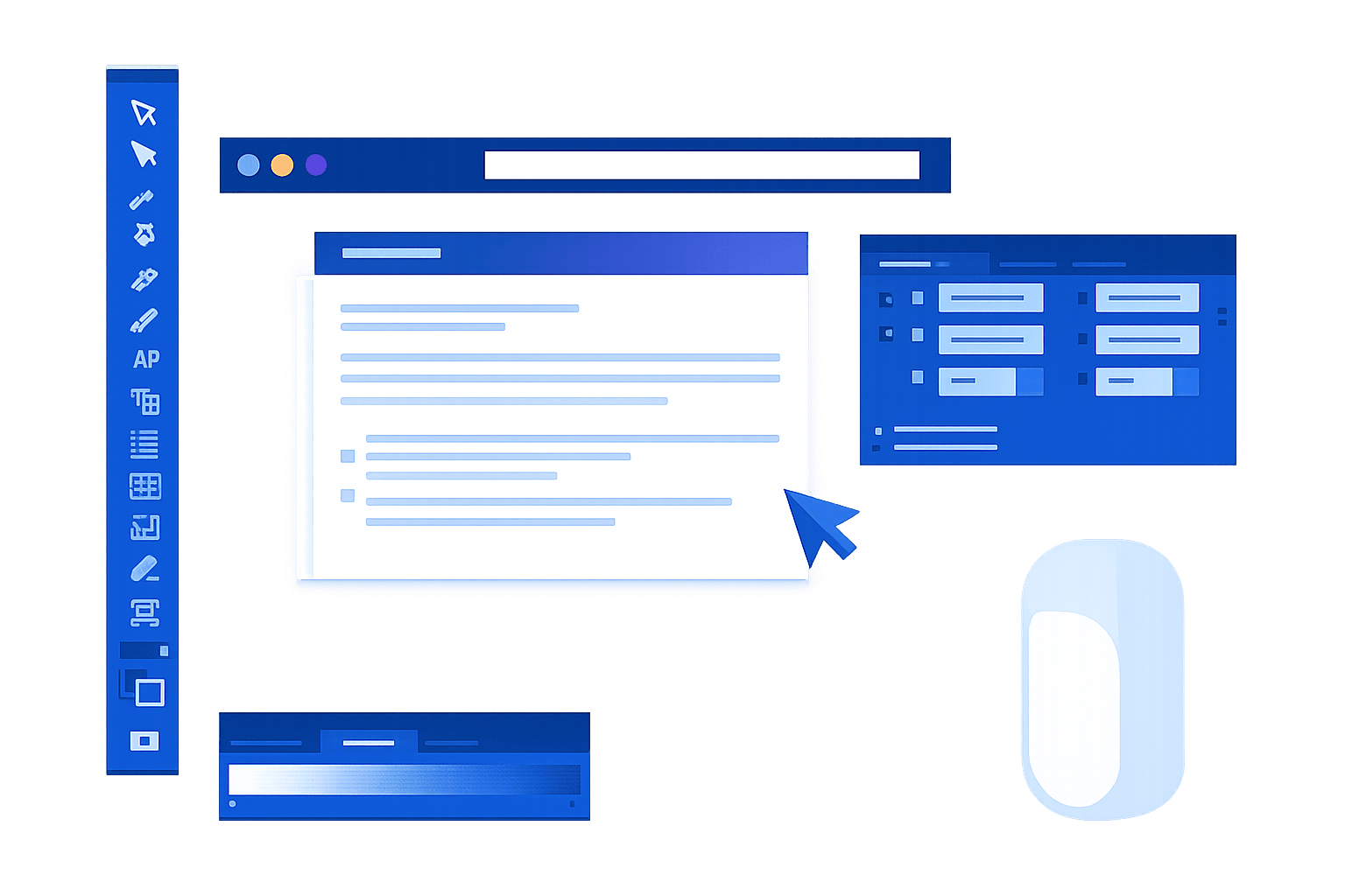 Illustratie van SEO-contentstrategie met zoekwoordenonderzoek, contentclusters en online zichtbaarheid.